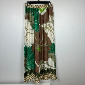 Galita Womens Wide Leg Floral Print Lake Green/Brown Pull-On Satin Pants Large